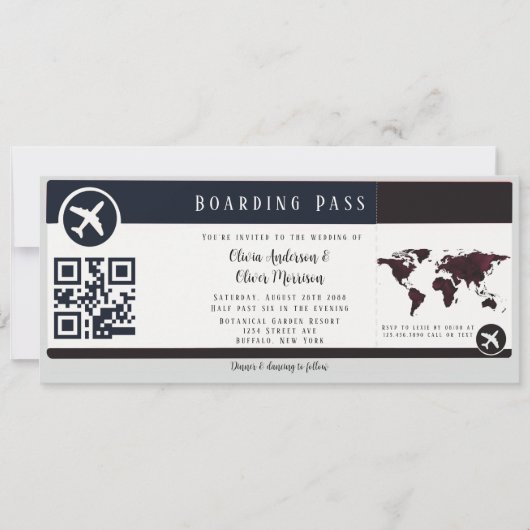 Navy Burgundy Map Boarding Pass Wedding Kaart (Voorkant)