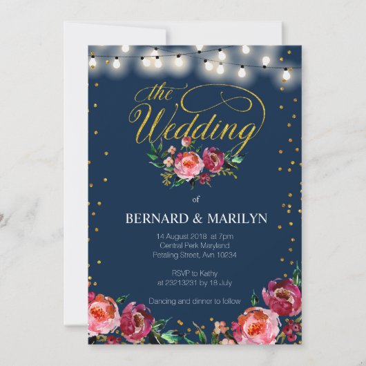 Navy Burgundy Marsala Floral herfst Wedding Card Kaart (Voorkant)