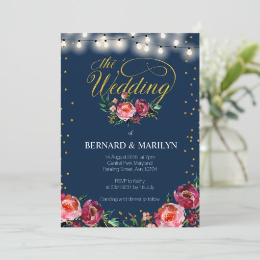 Navy Burgundy Marsala Floral herfst Wedding Card Kaart (Staand voorkant)