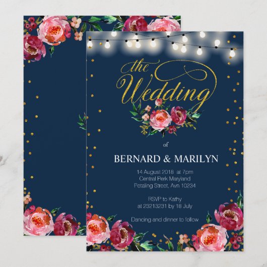 Navy Burgundy Marsala Floral herfst Wedding Card Kaart (Voorkant / Achterkant)