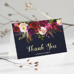 Navy Burgundy Marsala Wedding Dank je Bedankkaart<br><div class="desc">VERANDERBARE ACHTERGRONDKLEUR. Bohemen Wedding Dankuwel Een kaart met waterverf als illustratie van de Bourgogne, marsala, rode en roze pinda's en rozen met het accent op de blauw-marineachtergrond. Dit is perfect voor herfst, herfst, winter, bloemen en bohemen. Overeenkomende objecten zijn ook beschikbaar. * Klik op de knop Aanpassen om kleur, lettertype...</div>