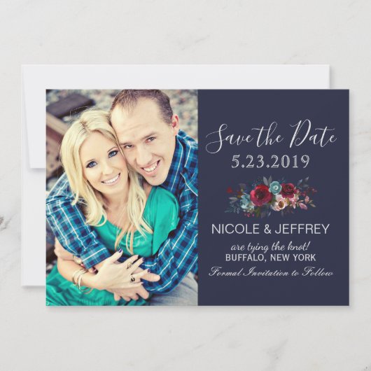 Navy Burgundy Merlot Floral Wedding Save the Date (Voorkant)