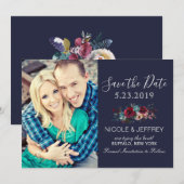 Navy Burgundy Merlot Floral Wedding Save the Date (Voorkant / Achterkant)