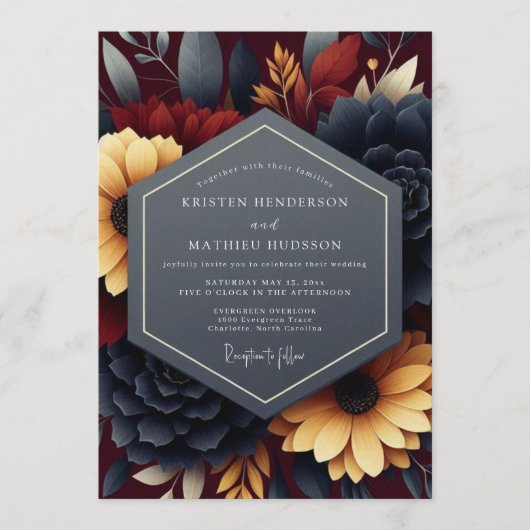 Navy Burgundy Moody Autumnal Wedding Kaart (Voorkant)