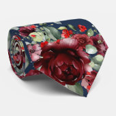 Navy Burgundy Peony Silver Sage Greenery Wedding Stropdas (Opgerold)