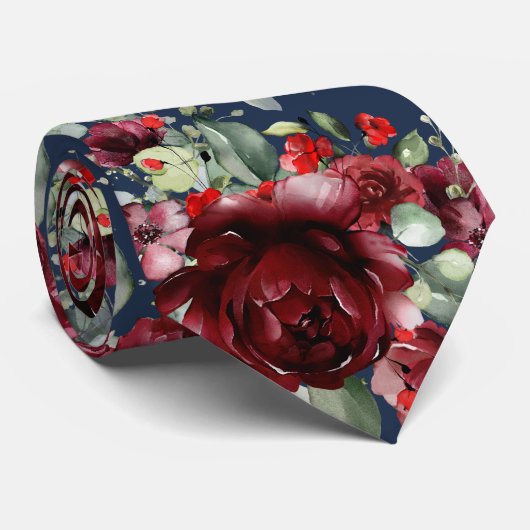 Navy Burgundy Peony Silver Sage Greenery Wedding Stropdas (Opgerold)
