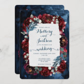 Navy Burgundy Peony Wedding Invitation Suite Kaart (Voorkant / Achterkant)