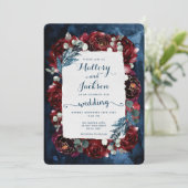 Navy Burgundy Peony Wedding Invitation Suite Kaart (Staand voorkant)