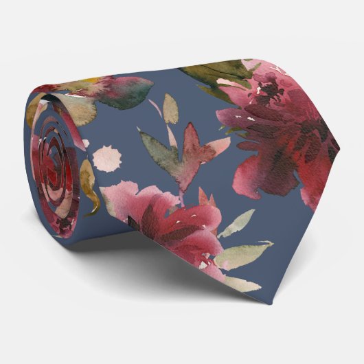 Navy Burgundy Raspberry Pink Peony Wedding Stropdas (Opgerold)