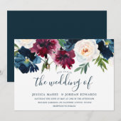 Navy Burgundy Red Burgundy Floral Modern Wedding Kaart (Voorkant / Achterkant)