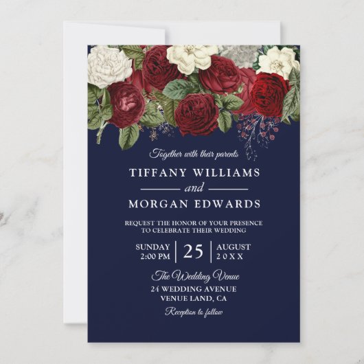 Navy & Burgundy Red White Rose Wedding Invite Kaart (Voorkant)