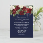 Navy & Burgundy Red White Rose Wedding Invite Kaart (Staand voorkant)