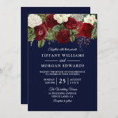 Navy & Burgundy Red White Rose Wedding Invite Kaart (Voorkant / Achterkant)