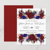 Navy Burgundy Romantic Wedding Floral Square Invit (Voorkant / Achterkant)