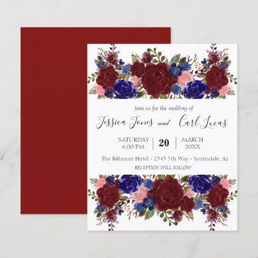 Navy Burgundy Romantic Wedding Floral Square Invit (Voorkant / Achterkant)