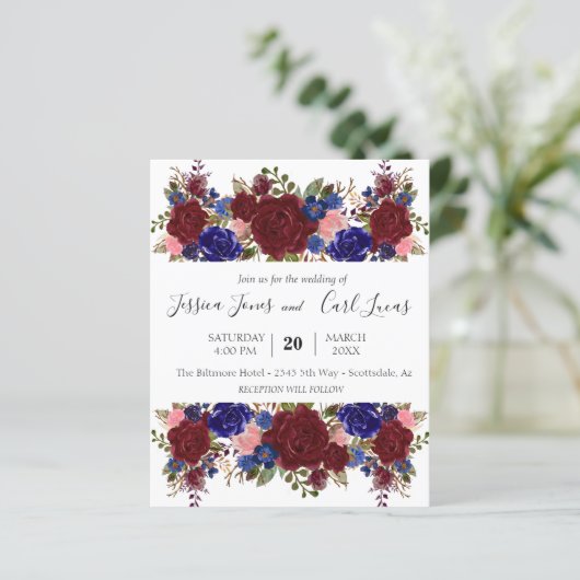 Navy Burgundy Romantic Wedding Floral Square Invit (Staand voorkant)