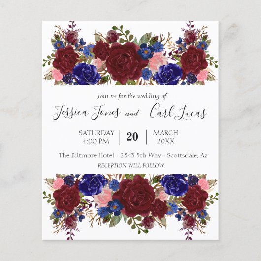 Navy Burgundy Romantic Wedding Floral Square Invit (Voorkant)