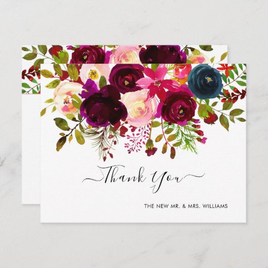 Navy+Burgundy Waterverf Bouquet bedankt Save The Date (Voorkant / Achterkant)