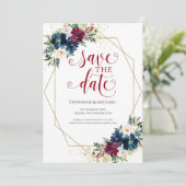Navy Burgundy Waterverf Floral Save the Date (Staand voorkant)