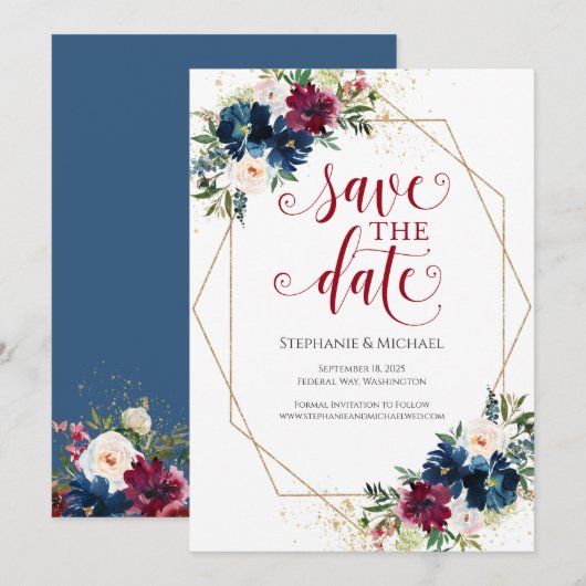 Navy Burgundy Waterverf Floral Save the Date (Voorkant / Achterkant)