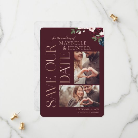 Navy Burgundy Waterverf Roos Gold Marble Photo Save The Date (Voorkant / Achterkant in situ)
