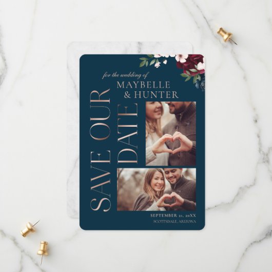 Navy Burgundy Waterverf Roos Gold Marble Photo Save The Date (Voorkant / Achterkant in situ)