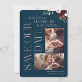 Navy Burgundy Waterverf Roos Gold Marble Photo Save The Date (Voorkant)