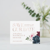 Navy Burgundy Waterverf Roos Gold Save Our Date Aankondigingskaart (Staand voorkant)