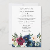 Navy Burgundy & White Flowers Elegant Wedding Kaart (Voorkant)