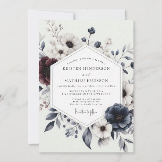 Navy Burgundy Winter Bloom Wedding Kaart (Voorkant)