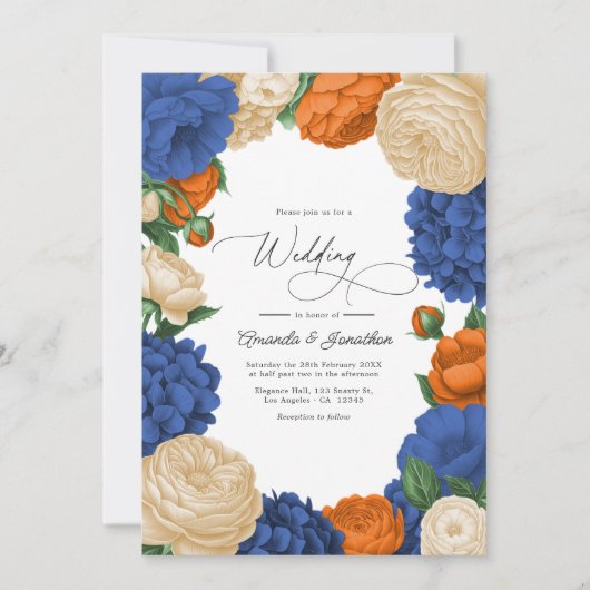 Navy, Burnt Orange & Champagne Floral Wedding Kaart (Voorkant)