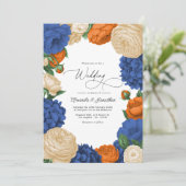 Navy, Burnt Orange & Champagne Floral Wedding Kaart (Staand voorkant)
