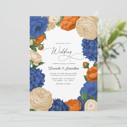 Navy, Burnt Orange & Champagne Floral Wedding Kaart (Staand voorkant)