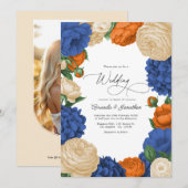 Navy, Burnt Orange & Champagne Floral Wedding Kaart (Voorkant / Achterkant)