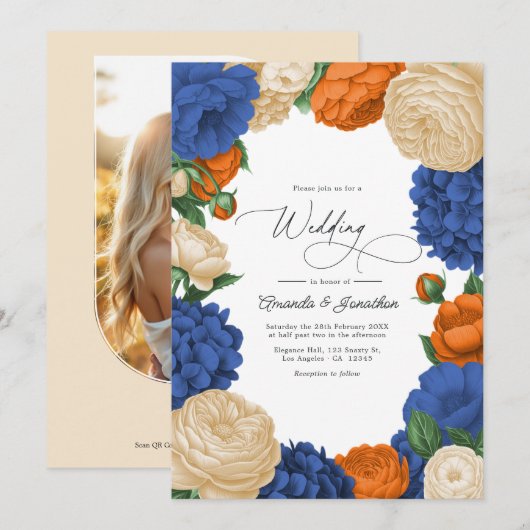 Navy, Burnt Orange & Champagne Floral Wedding Kaart (Voorkant / Achterkant)