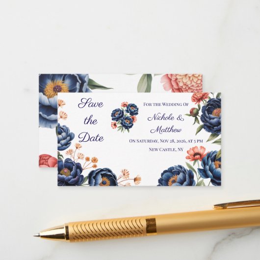 Navy & Burnt Orange Floral Save the Date Informatiekaartje (Voorkant / Achterkant in situ)