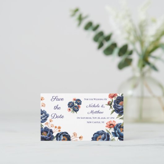 Navy & Burnt Orange Floral Save the Date Informatiekaartje (Staand voorkant)