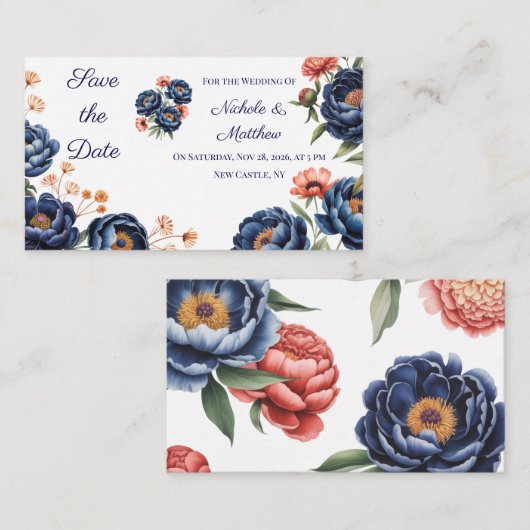 Navy & Burnt Orange Floral Save the Date Informatiekaartje (Voorkant / Achterkant)