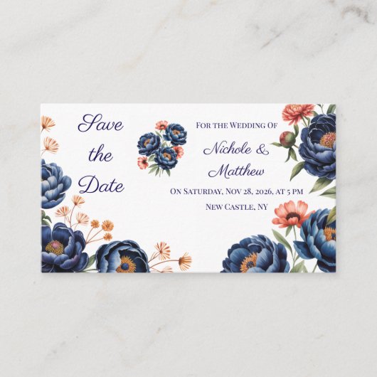 Navy & Burnt Orange Floral Save the Date Informatiekaartje (Voorkant)