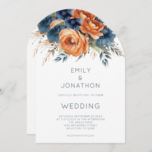 Navy Burnt Orange Florals QR Code Wedding Arch Kaart (Voorkant / Achterkant)