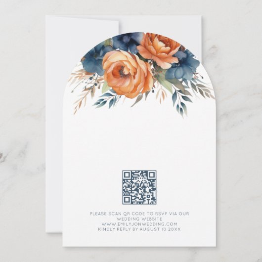 Navy Burnt Orange Florals QR Code Wedding Arch Kaart (Achterkant)