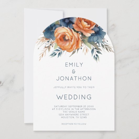 Navy Burnt Orange Florals QR Code Wedding Arch Kaart (Voorkant)