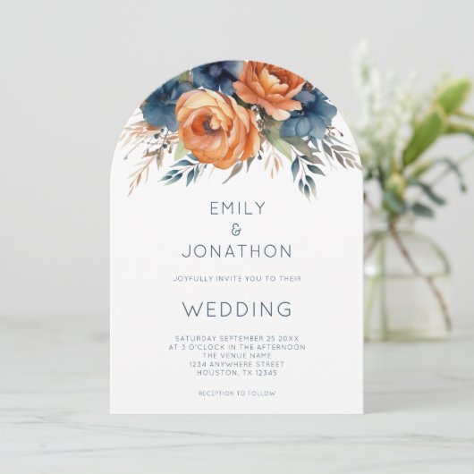 Navy Burnt Orange Florals QR Code Wedding Arch Kaart (Staand voorkant)