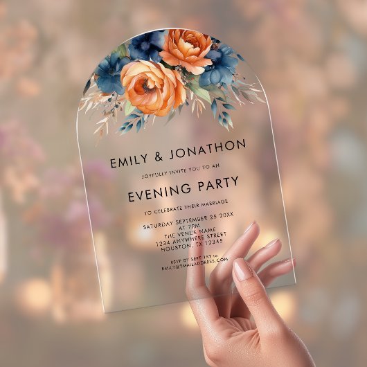 Navy Burnt Orange Florals Wedding Evening Party  Acryl Uitnodigingen