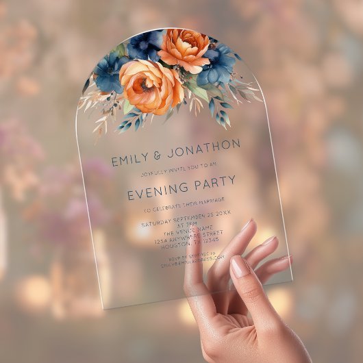Navy Burnt Orange Florals Wedding Evening Party Acryl Uitnodigingen