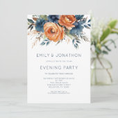 Navy Burnt Orange Florals Wedding Evening Party Kaart (Staand voorkant)