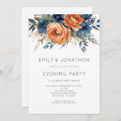 Navy Burnt Orange Florals Wedding Evening Party Kaart (Voorkant / Achterkant)
