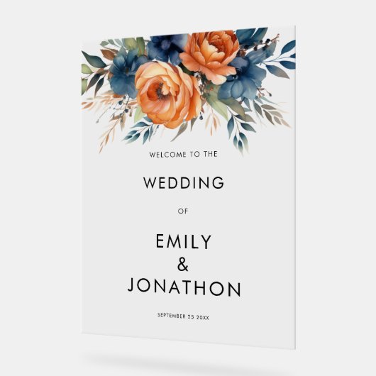 Navy Burnt Orange Florals Welcome Wedding Acryl Bord (Hoek)