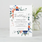 Navy Burnt Oranje Floral Flowers Boho Wedding Kaart (Staand voorkant)