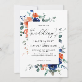 Navy Burnt Oranje Floral Flowers Boho Wedding Kaart